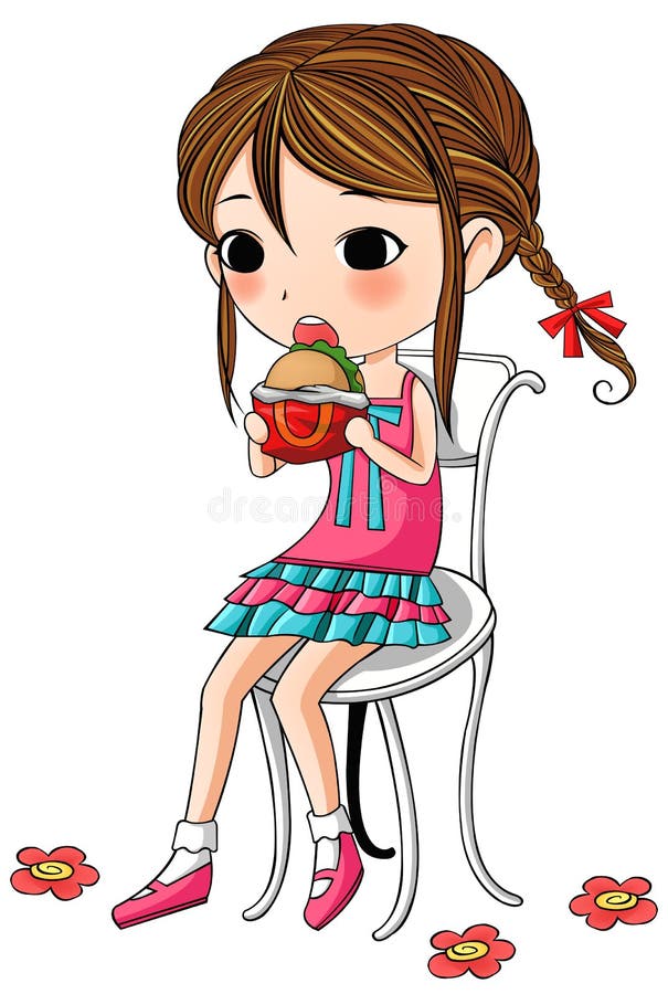 A cute stylish cartoon girl is sitting and having hamburger as her meal. A cute stylish cartoon girl is sitting and having hamburger as her meal