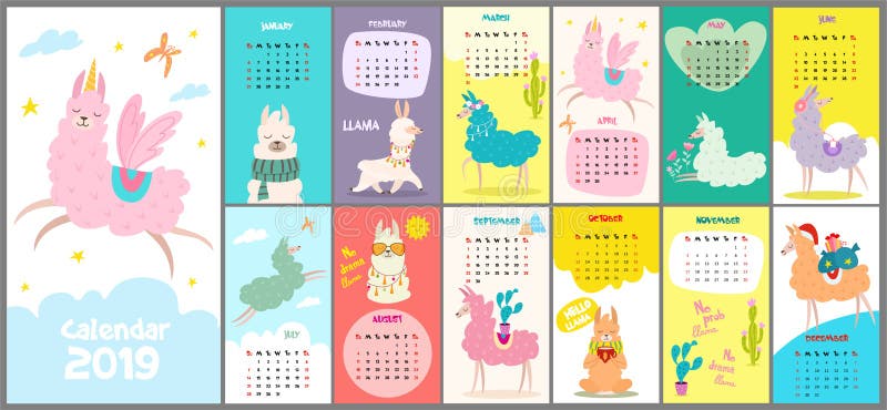 Cute, stylized hand-drawn monthly calendar for 2019 with a lama. Can be used for banner, poster, card, postcard and printable. royalty free illustration Cute, stylized hand-drawn monthly calendar for 2019 with a lama. Can be used for banner, poster, card, postcard and printable. royalty free illustration