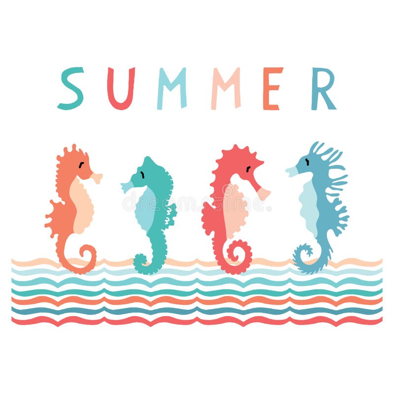 Cute summer seahorse group cartoon vector illustration motif set. Hand drawn isolated ocean animals elements clipart for nautical stock illustration Cute summer seahorse group cartoon vector illustration motif set. Hand drawn isolated ocean animals elements clipart for nautical stock illustration