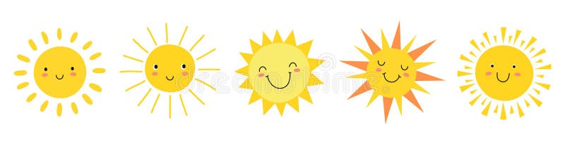 Cute suns. Sunshine emoji, cute smiling faces. Summer sunlight emoticons and morning sunny weather. Isolated funny