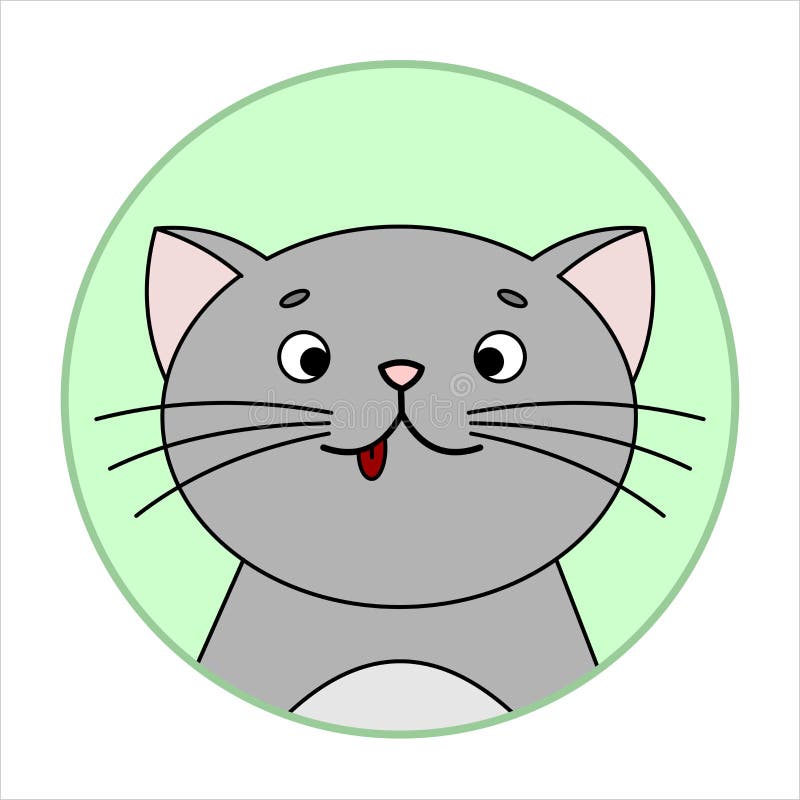 Cute Surprised Cat, Round Icon, Emoji. Gray Cat With A Whiskers, Smiles, shows tongue. Vector Image Isolated royalty free illustration Cute Surprised Cat, Round Icon, Emoji. Gray Cat With A Whiskers, Smiles, shows tongue. Vector Image Isolated royalty free illustration
