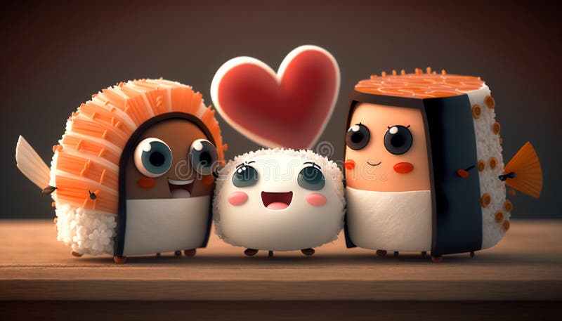 Cute Sushi Sashimi Rolls Characters Full of Love Stock Illustration ...