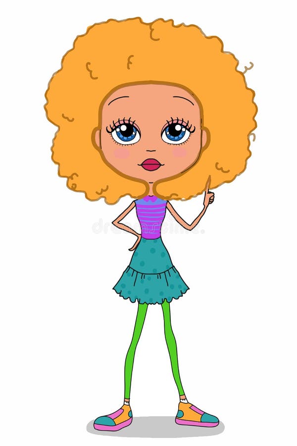 Cute sweet cartoon curly hair girl characters illustration white.