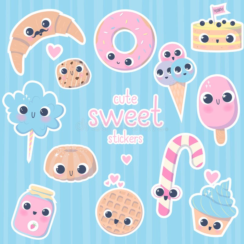 Cute Sweet Dessert Stickers Collection. Stock Vector - Illustration of ...