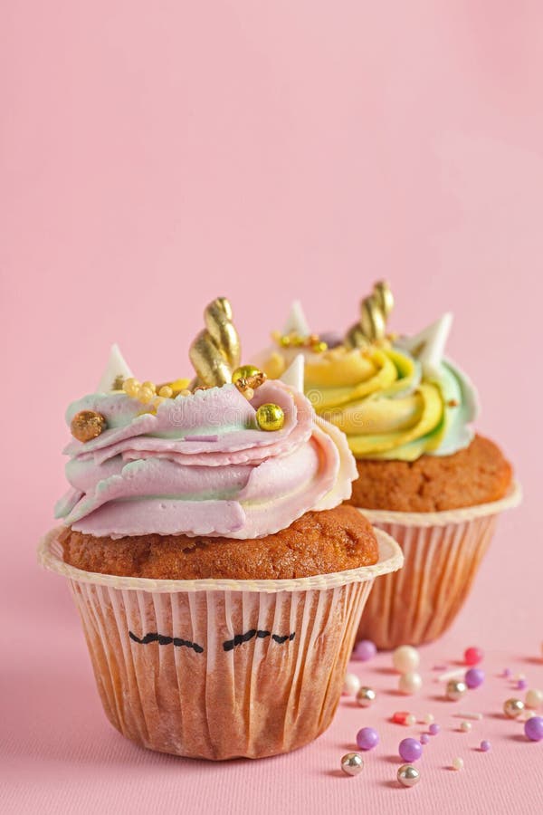 Cute Sweet Unicorn Cupcakes on Pink Background Stock Image Image of