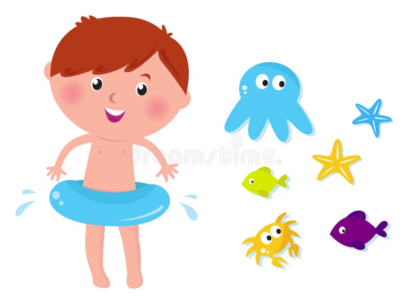 Happy kid, crab, octopus, fishes and sea stars. Vector Illustration. Happy kid, crab, octopus, fishes and sea stars. Vector Illustration.