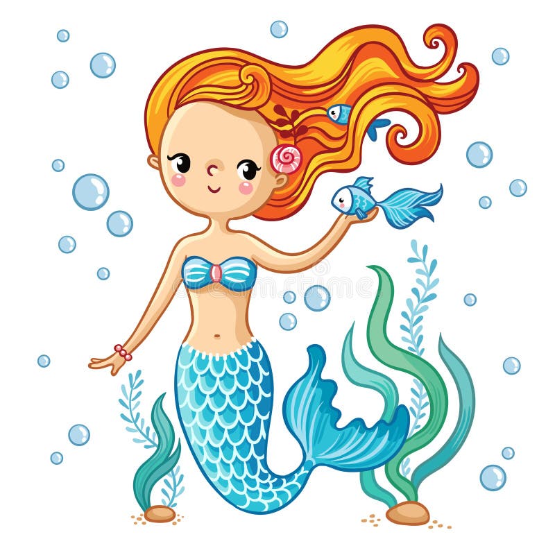 Cute Swimming Cartoon Mermaid. Stock Illustration - Illustration of