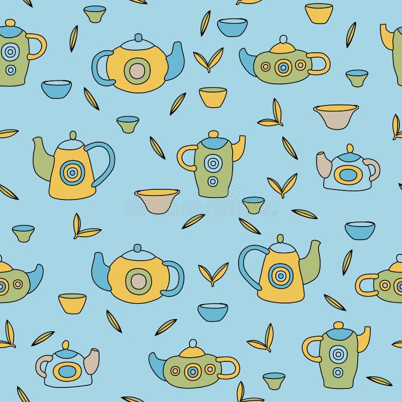 Cute Tea Set. Colorful Vector Seamless Pattern. Stock Vector