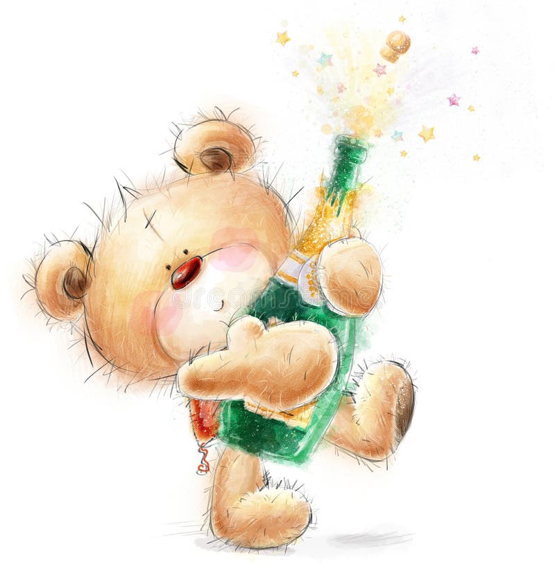 Cute Teddy Bear with the bottle of close -up champagne.Party invitation.Happy Birthday greeting card. royalty free illustration Cute Teddy Bear with the bottle of close -up champagne.Party invitation.Happy Birthday greeting card. royalty free illustration