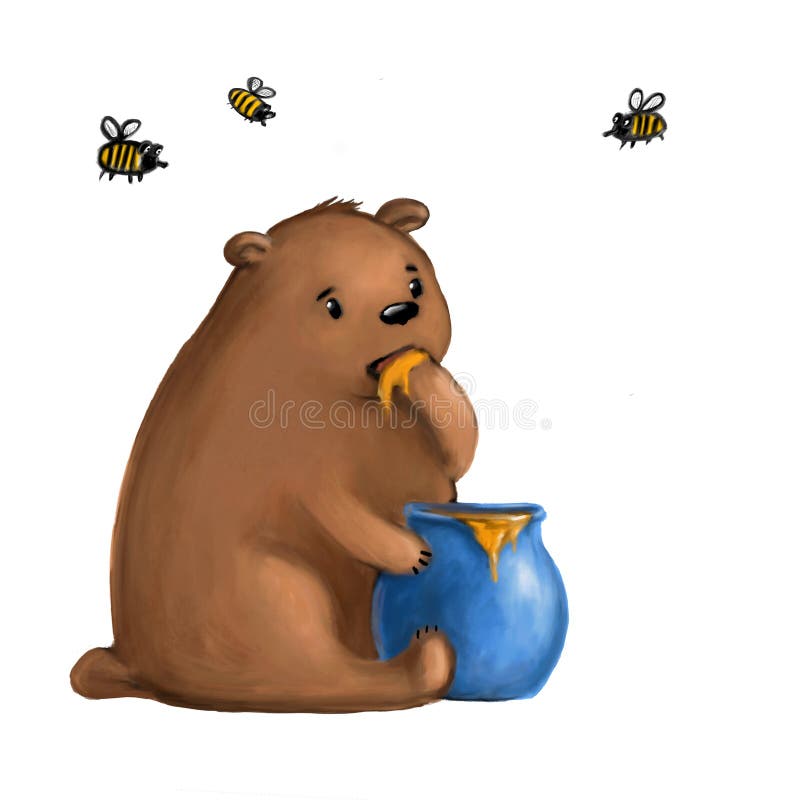 Cute Teddy Bear Eating Honey from the Pot, Christmas Illustration with the  Cartoon Character Stock Illustration - Illustration of bear, background:  201991318