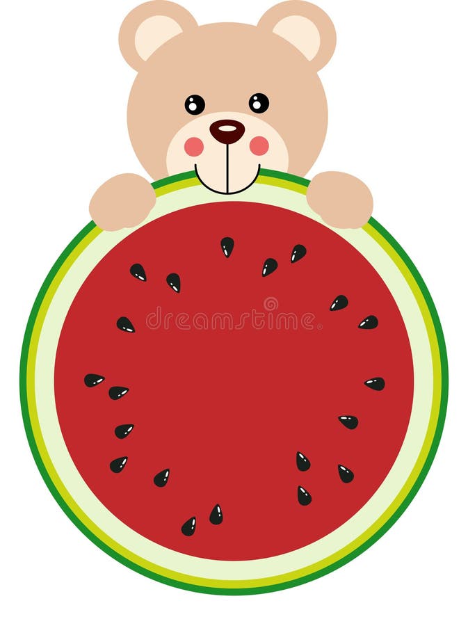 Cute Teddy Bear Eating Watermelon Slice Stock Illustration
