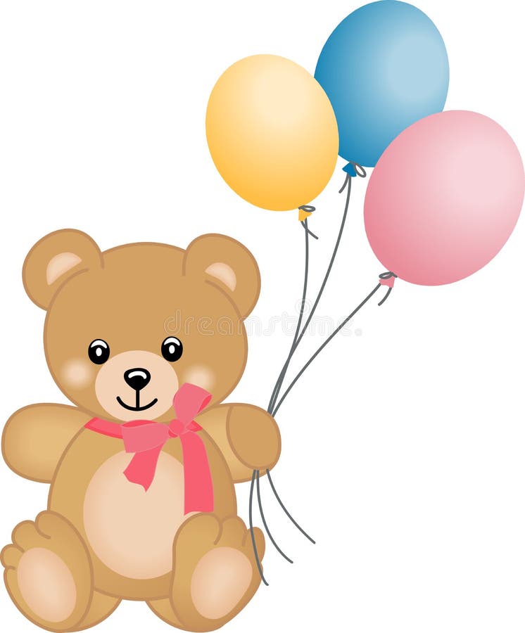 Cute teddy bear flying balloons.