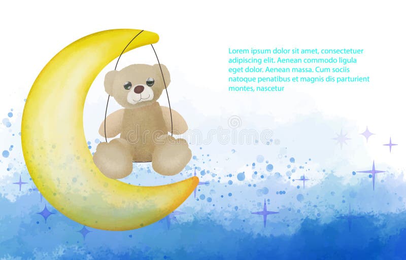 Cute Teddy Bear On The Moon Swing Rides Crescent Moon Watercolor