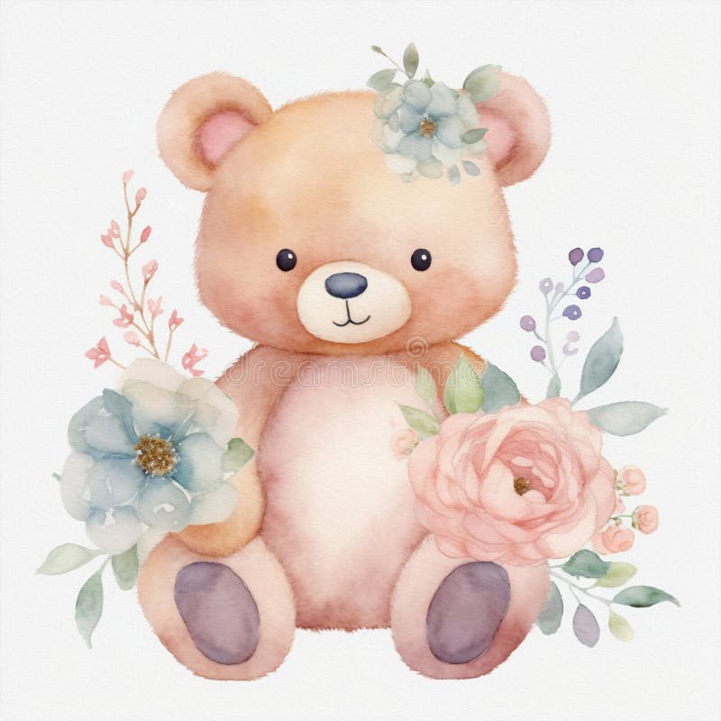 Cute Teddy Bear, Pastel Colors, Flowers, Watercolor Illustration Stock ...