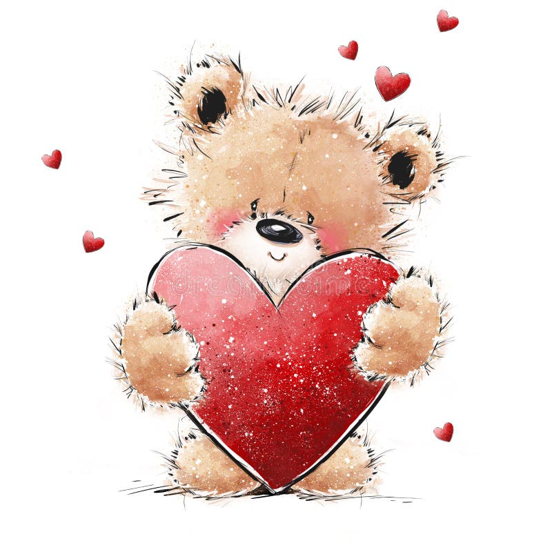 Cute Teddy Bear verliebt in großes rotes Herz Tagespostkarte für Valentine oder Mütter
