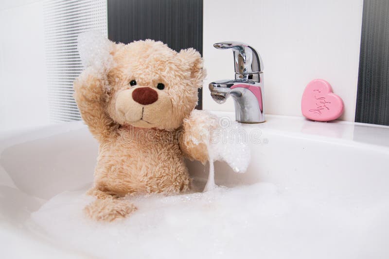 Cute Teddy Bear Washing in the Basin Stock Photo Image of heart