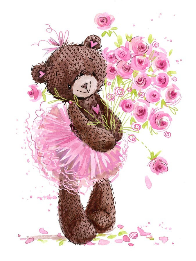 Cute teddy bear watercolor illustration.