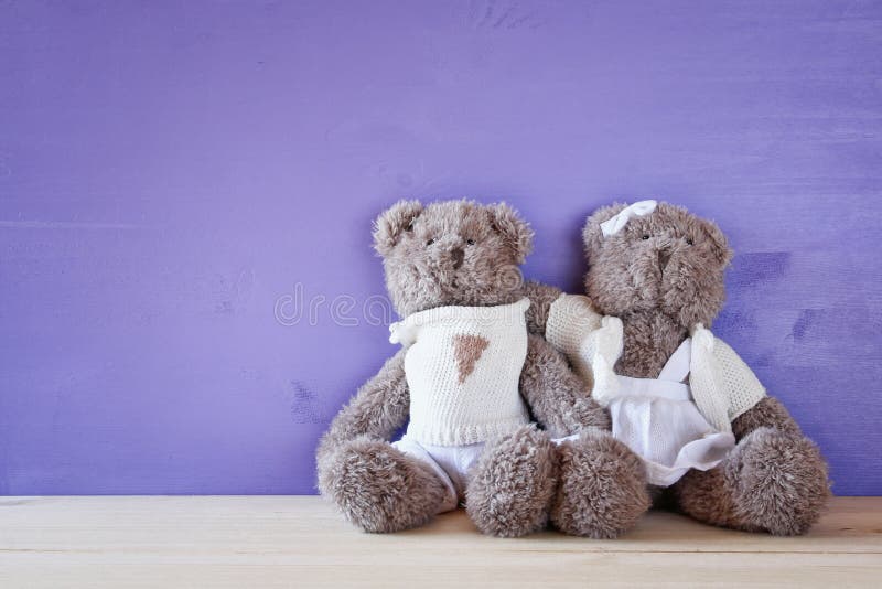 Cute Teddy Bears Couple Hugging on Wooden Table Stock Photo Image of