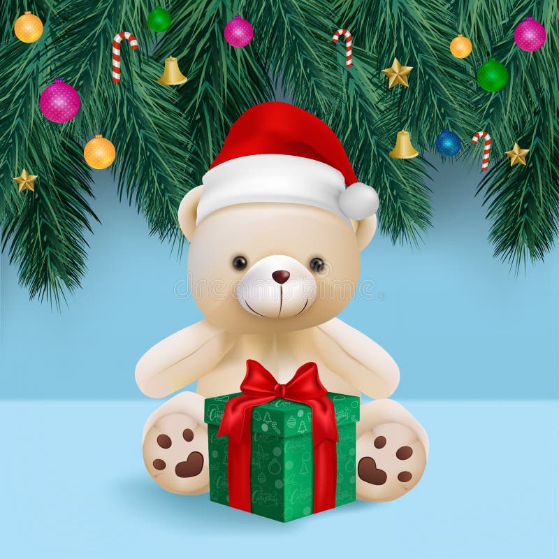 Cute teddy beer and gift box op blauwe achtergrond voor vrolijke kerstkaartvector en illustratie stock foto Cute teddy beer and gift box op blauwe achtergrond voor vrolijke kerstkaartvector en illustratie stock foto