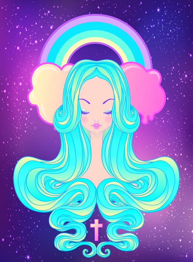 Cute teen girl with closed eyes and long hair. Mix of art nouveau and kawaii gothic style. Hipster, pastel goth, vibrant colors i