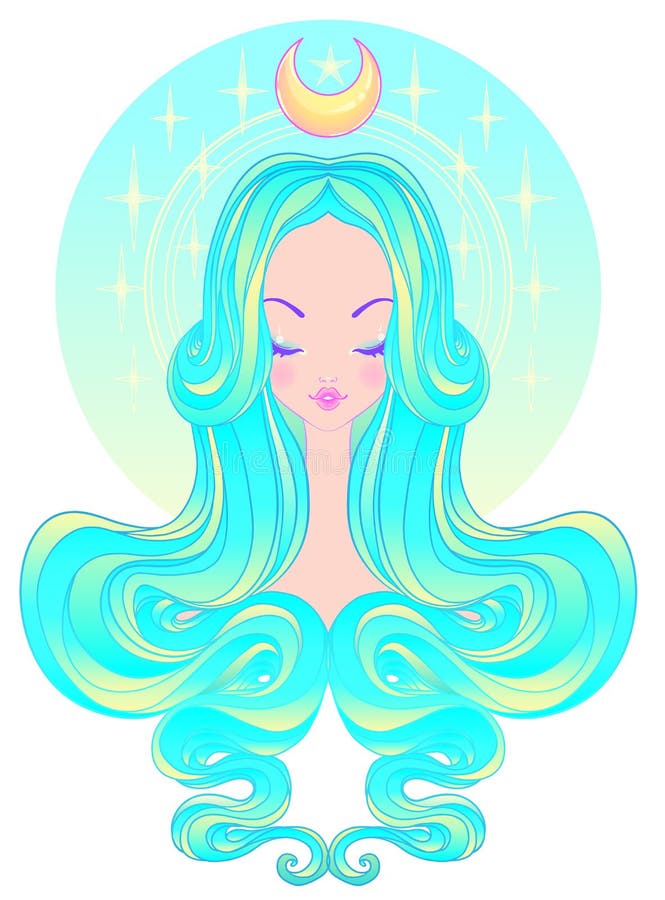 Cute teen girl with closed eyes and long hair. Mix of art nouveau and kawaii gothic style. Hipster, pastel goth, vibrant colors i