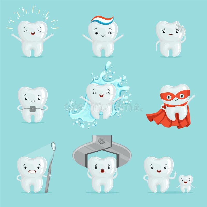 Cute teeth with different emotions set for label design. Dental medicine, children dentistry, mouth hygiene. Cartoon detailed Illustrations on white background. Cute teeth with different emotions set for label design. Dental medicine, children dentistry, mouth hygiene. Cartoon detailed Illustrations on white background