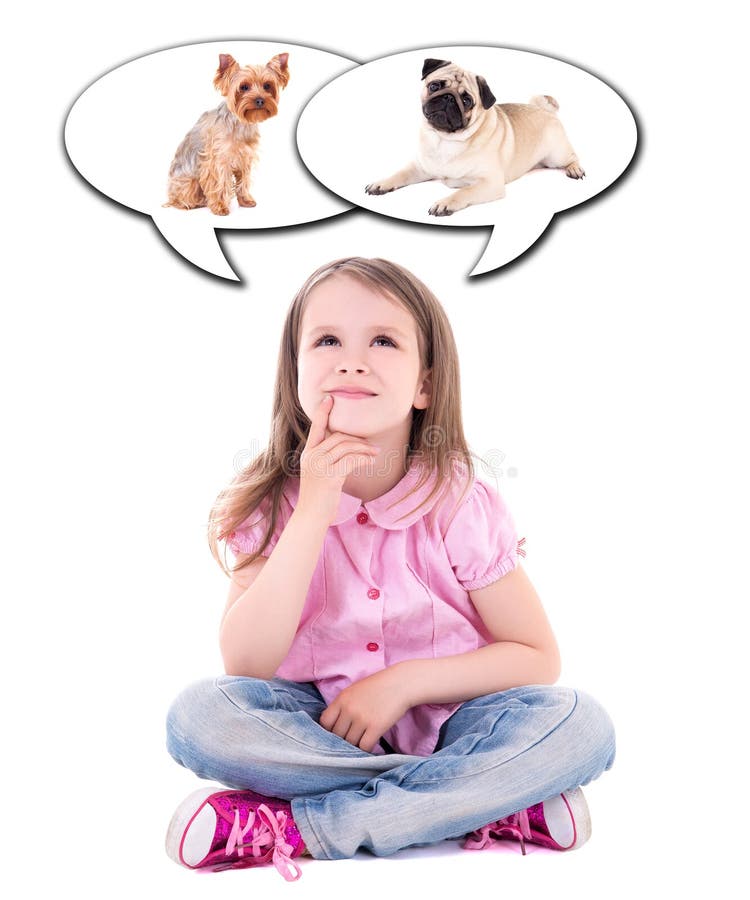 cute thoughtful little girl sitting and dreaming about dog isolated on white