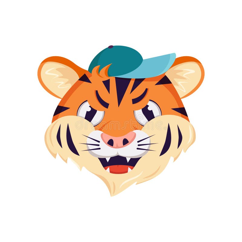 Cute Tiger Character, Face with Angry Emotions. Wild Animals of Africa,  Grumpy Cartoon Muzzle in a Cap Stock Vector - Illustration of animal, face:  219040624