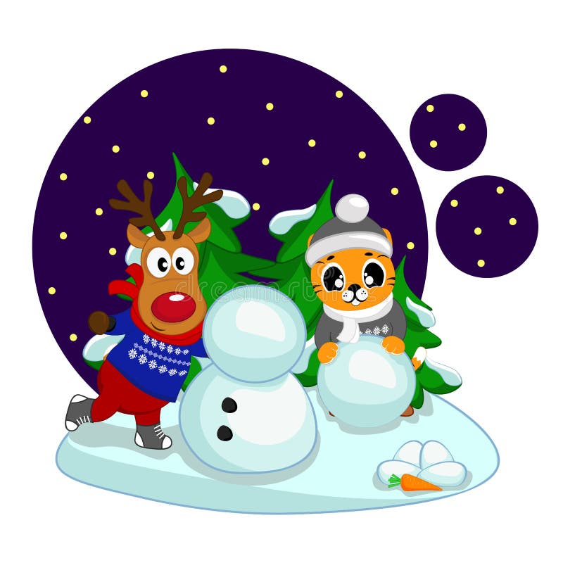 Cute Tiger and Deer Make a Snowman in Winter Stock Vector - Illustration of  christmas, little: 235355832