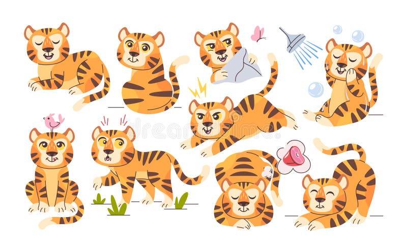 Cute tiger hand drawn comic safari animals doodle characters playing, having fun, sleeping set stock illustration