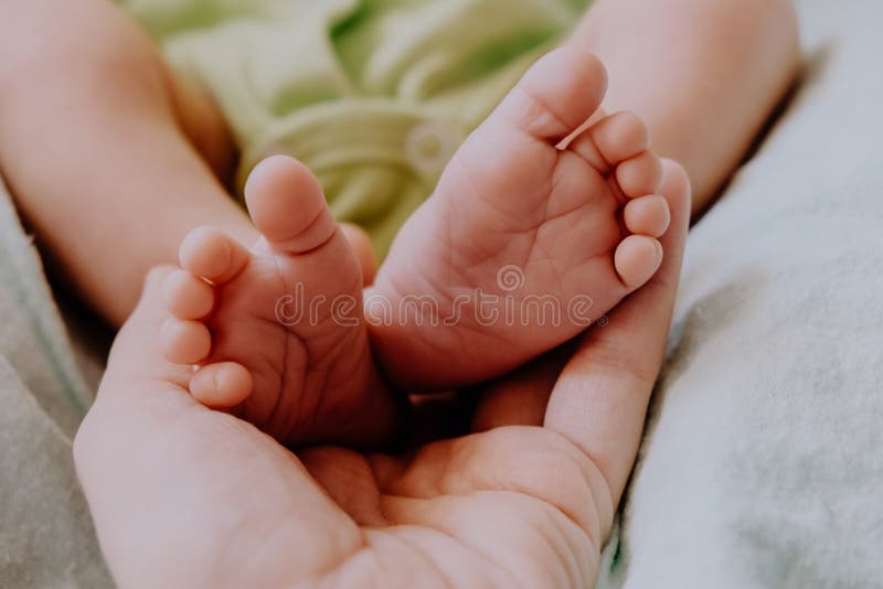 Little feet of newborn baby in mother`s hand. Baby birth, maternity concept. stock photo