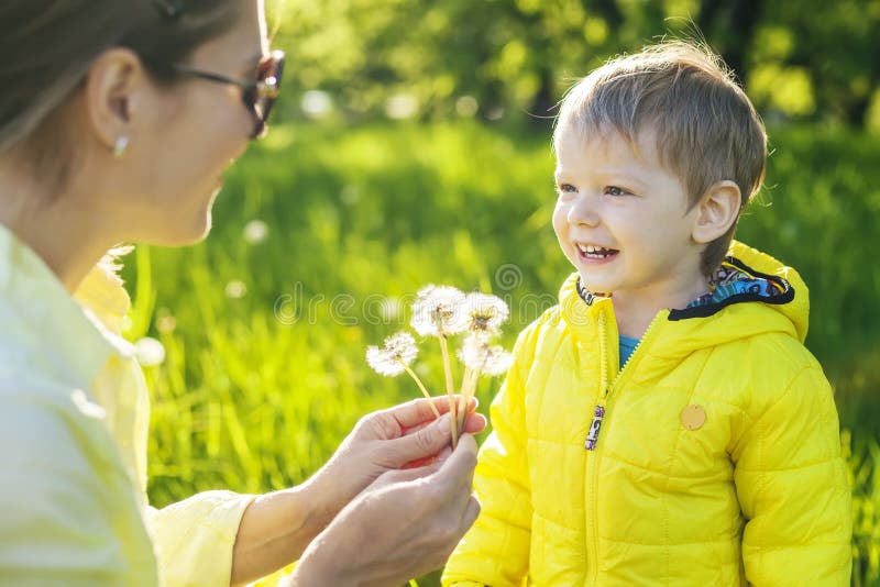 Cute toddler boy making a with before blowing dried dandelions in mother's hands