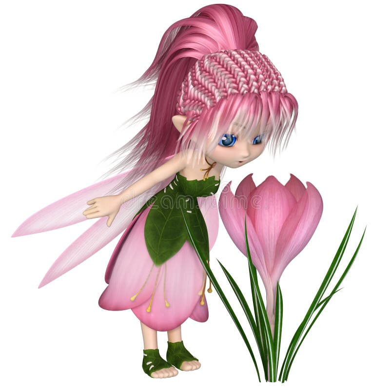 Cute toon fairy in leaf and pink petal dress looking at a spring crocus flower, 3d digitally rendered illustration. Cute toon fairy in leaf and pink petal dress looking at a spring crocus flower, 3d digitally rendered illustration