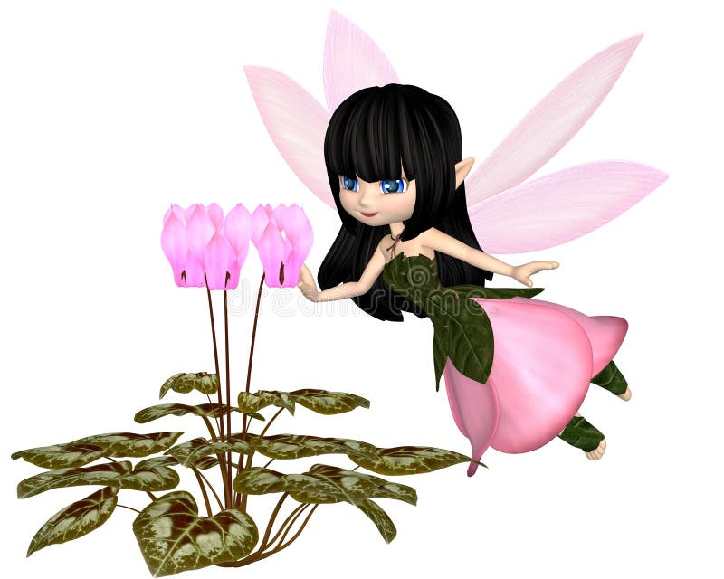 Cute toon dark haired fairy in leaf and petal dress with pink wings, flying towards pink cyclamen flowers, 3d digitally rendered illustration. Cute toon dark haired fairy in leaf and petal dress with pink wings, flying towards pink cyclamen flowers, 3d digitally rendered illustration