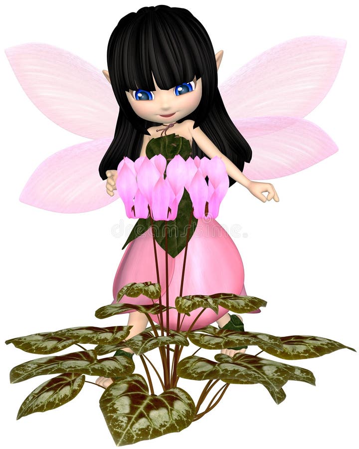 Cute toon dark haired fairy in leaf and petal dress with pink wings, looking at pink cyclamen flowers, 3d digitally rendered illustration. Cute toon dark haired fairy in leaf and petal dress with pink wings, looking at pink cyclamen flowers, 3d digitally rendered illustration