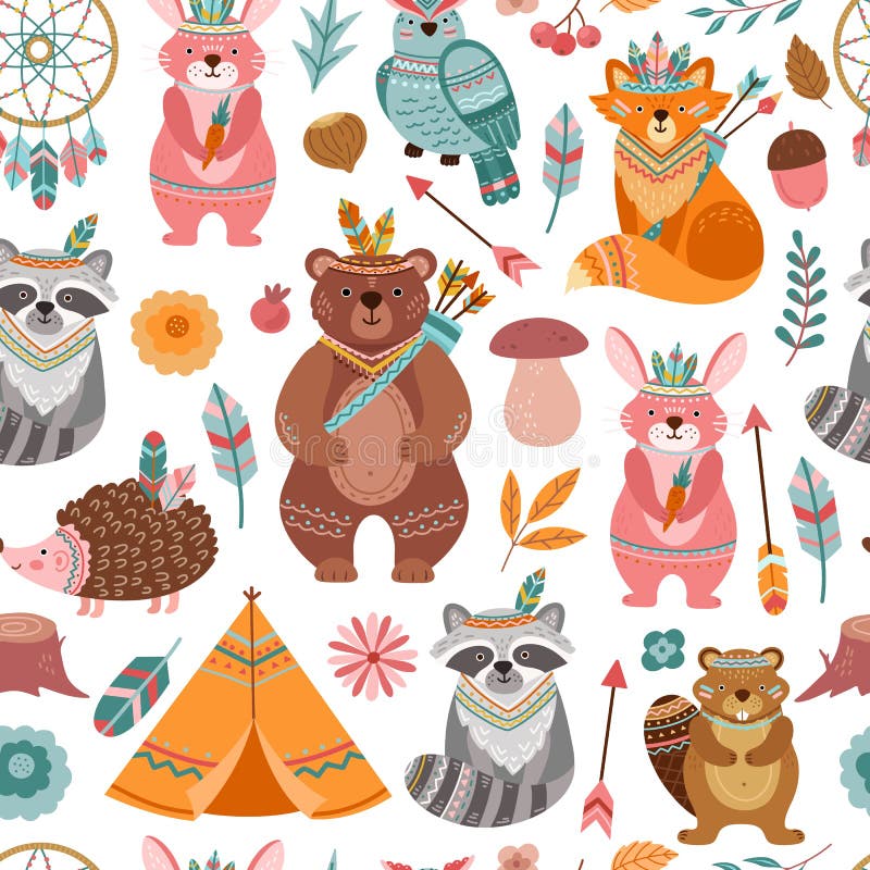 Cute tribal animal texture. Bright animals, woodland indian fox with arrow. Child ethnic textile print, fun forest