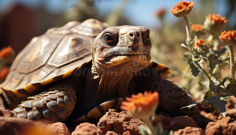 Cute turtle crawling, eating in nature, slow and endangered generated by AI royalty free stock photos