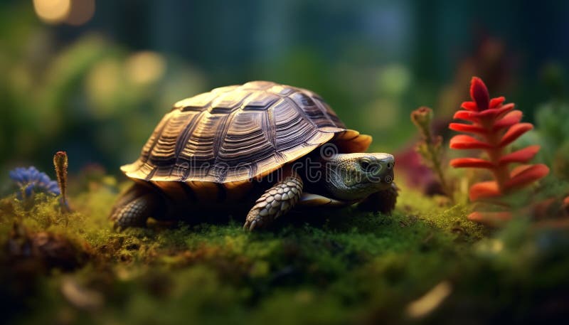 Cute turtle crawling in the green grass generated by AI royalty free stock image