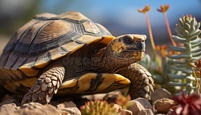 Cute turtle crawling in nature, slow and focused on foreground generated by AI royalty free stock photos