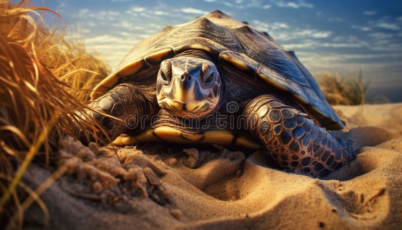 Cute turtle crawling on sand, enjoying nature generated by AI stock photo