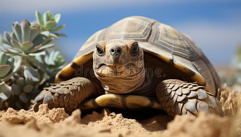 Cute turtle crawling on sand, slow and small in nature generated by AI stock photos