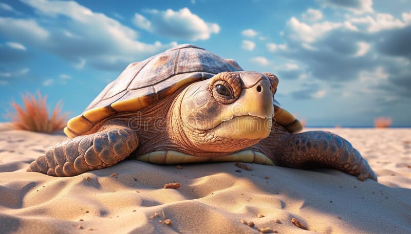 Cute turtle crawling on sandy beach, enjoying summer generated by AI royalty free stock photos