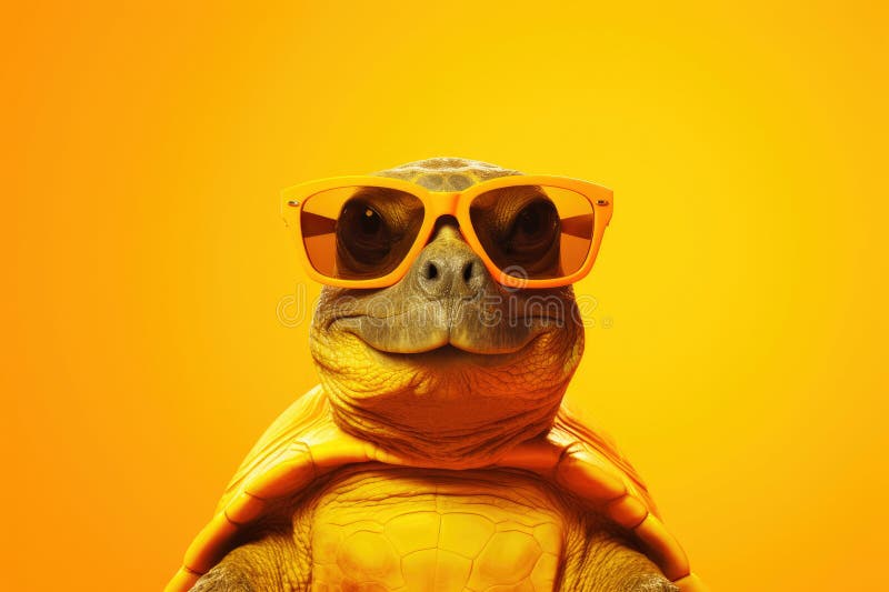Cute Turtle Wearing Sunglasses on Yellow Background Stock Photo Image