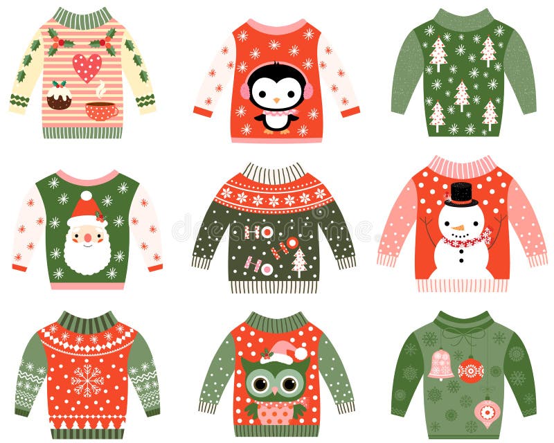 Cute ugly Christmas sweater designs vector set, Sweater party invitation clip art collection in red and green colors. Cute ugly Christmas sweater designs vector set, Sweater party invitation clip art collection in red and green colors