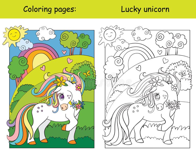 Cute unicorn standing on the summer blooming meadow. Coloring book page wih colored template. Vector cartoon illustration isolated on white background.For coloring book  preschool education print game. Cute unicorn standing on the summer blooming meadow. Coloring book page wih colored template. Vector cartoon illustration isolated on white background.For coloring book  preschool education print game