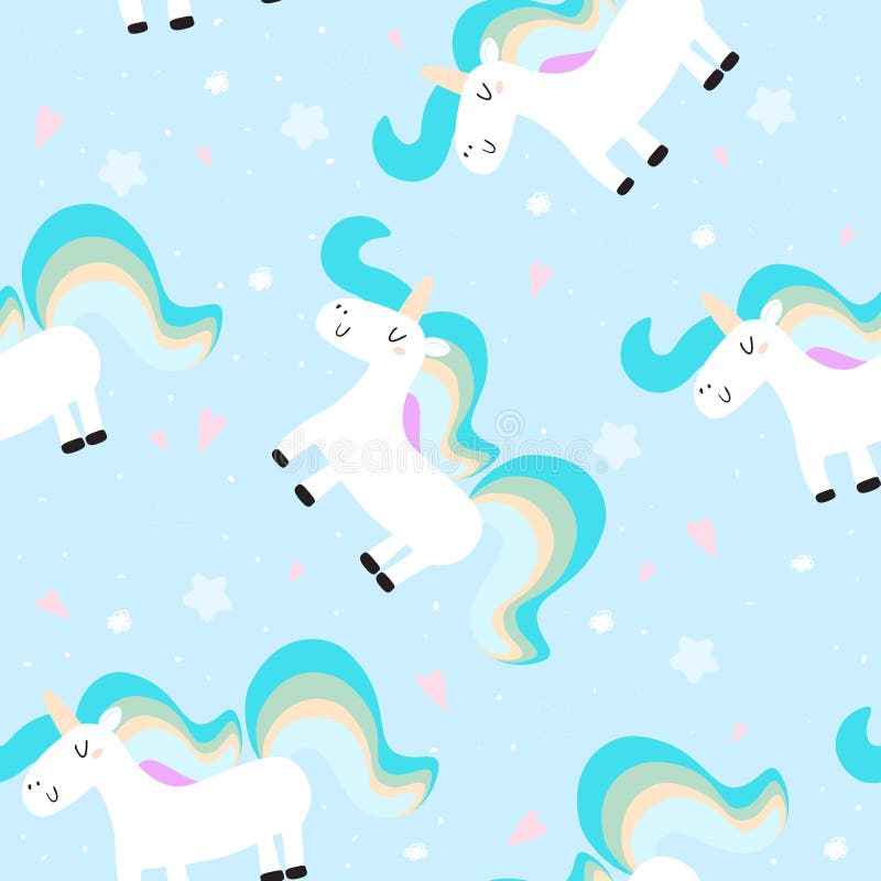 Cute Unicorn On A Blue Background, Vector Pattern Stock Vector
