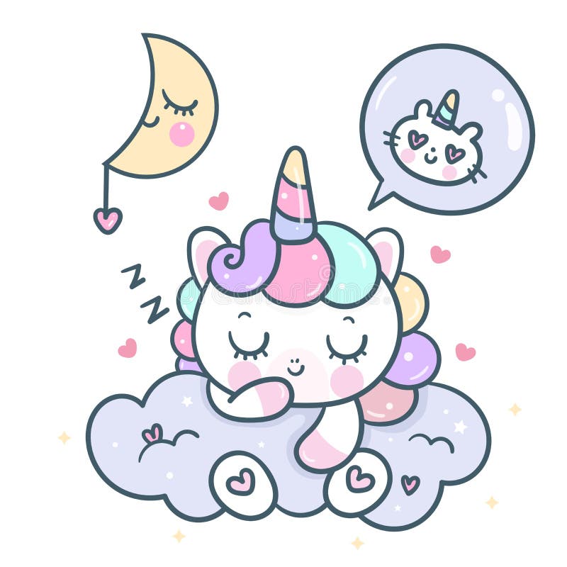 Cute Unicorn cartoon pony podrzędny wektor z magicznym czasem snu dla słodkiego snu, postać Kawaii, lalki royalty ilustracja