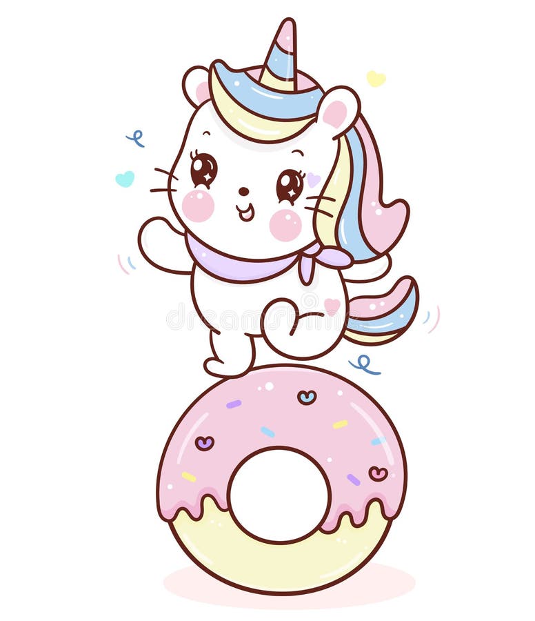 Cute Unicorn cat vector dance on cupcake donut cartoon sweet dessert pastel color, Series Girly doodles Kawaii animal illustration