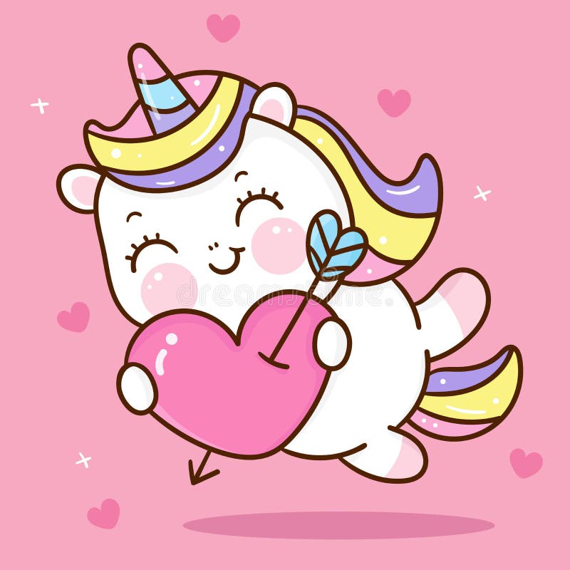 Cute Unicorn cupid vector fly on sky hug heart pony cartoon pastel background Valentines day