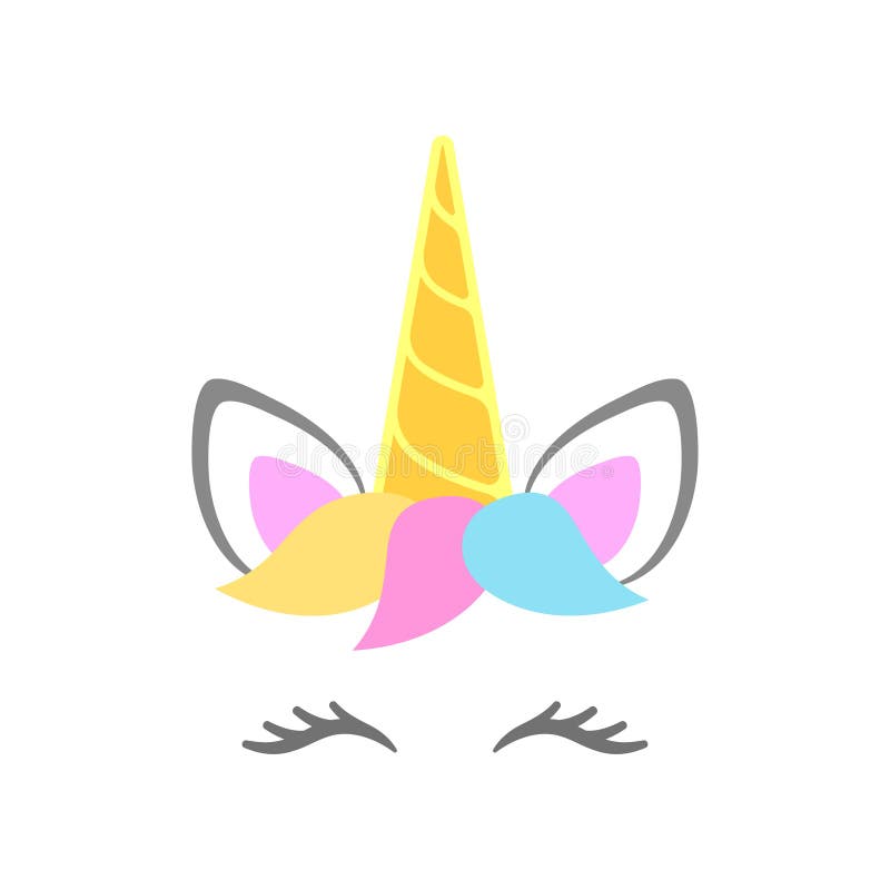 Unicorn head with horn, ears, eyes and hairstyle. 